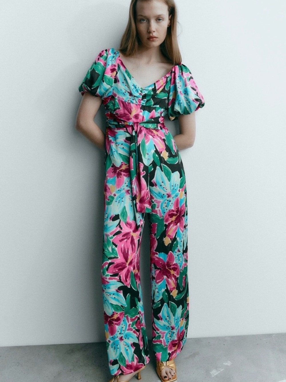 Zara Floral Puff-Sleeve Wide-Leg Jumpsuit in Pink & Teal